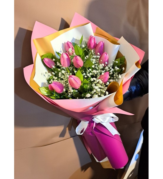 PEMBE-MOR LALE BUKETİ
